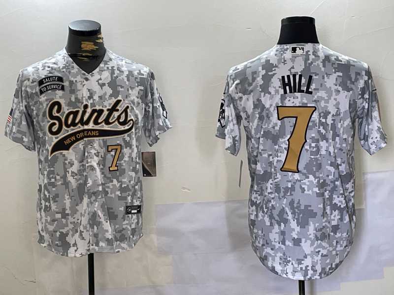 Mens New Orleans Saints #7 Taysom Hill Arctic Camo 2024 Salute to Service Stitched Baseball Jerseys